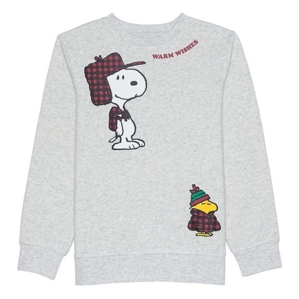Peanuts Junior’s Light Gray Sweatshirt with Snoopy & Woodstock Plaid Accents